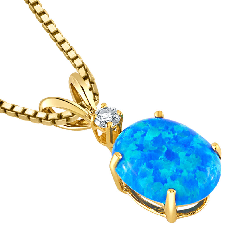 Blue Opal and Diamond Pendant Necklace 14K Yellow Gold 1 Carat Oval