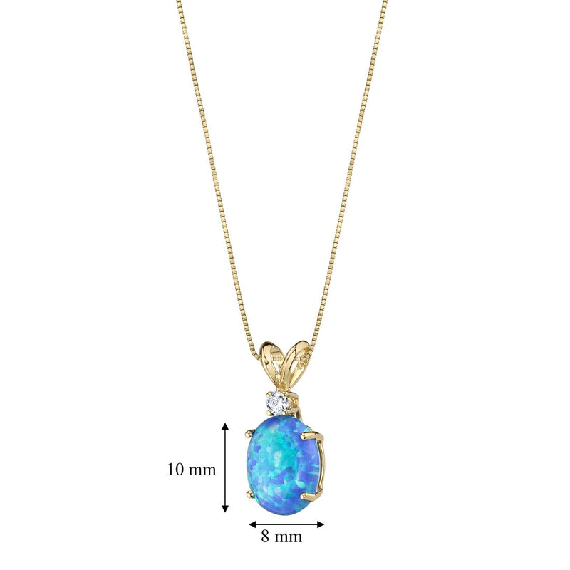 Blue Opal and Diamond Pendant Necklace 14K Yellow Gold 1 Carat Oval