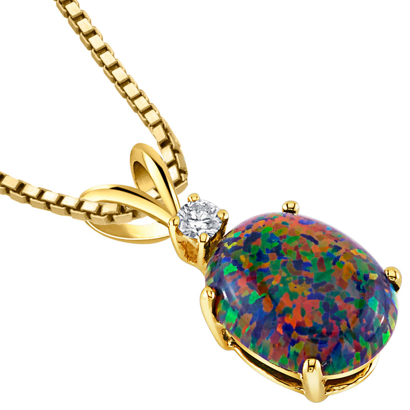 Black Opal and Diamond Pendant Necklace 14K Yellow Gold 1 Carat Oval