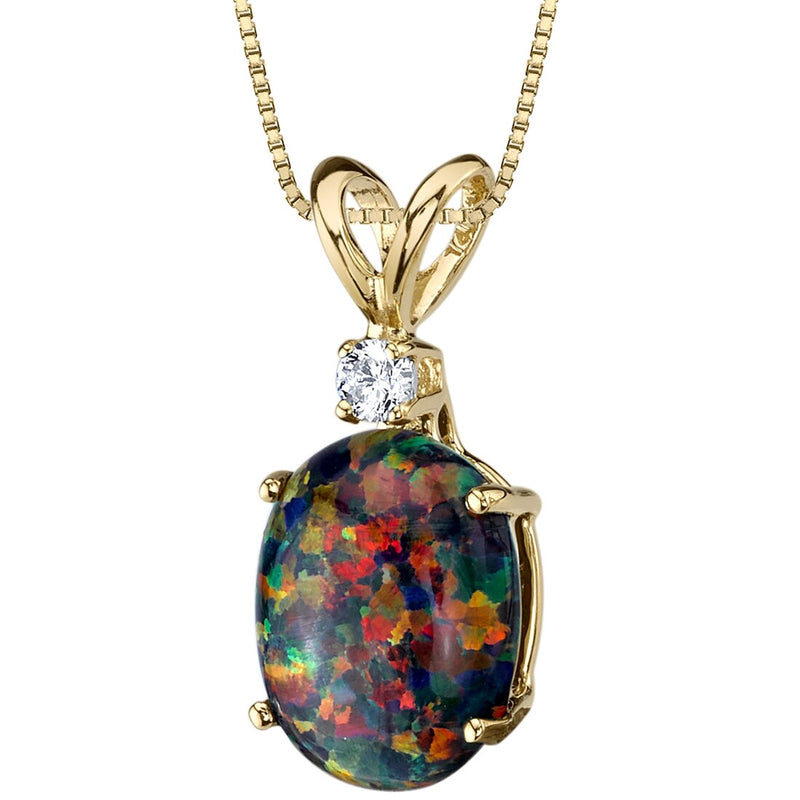 Black Opal and Diamond Pendant Necklace 14K Yellow Gold 1 Carat Oval