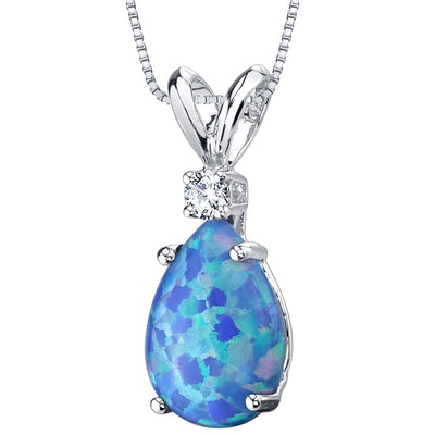 Blue Opal and Diamond Pendant Necklace 14K White Gold 1 Carat Pear Shape