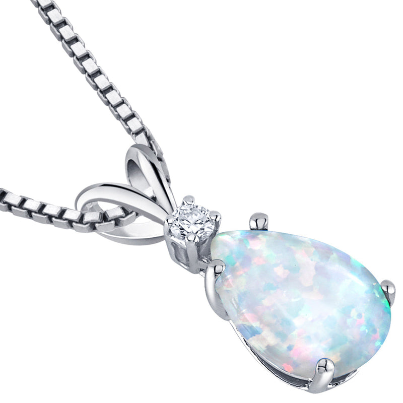 Opal and Diamond Pendant Necklace 14K White Gold 1 Carat Pear Shape