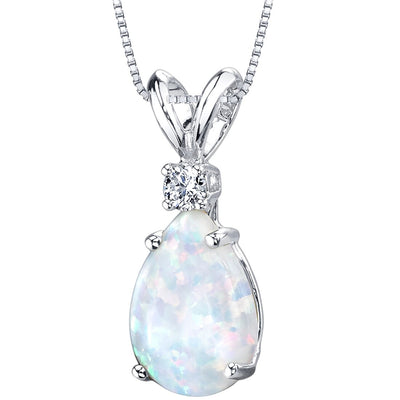 Opal and Diamond Pendant Necklace 14K White Gold 1 Carat Pear Shape