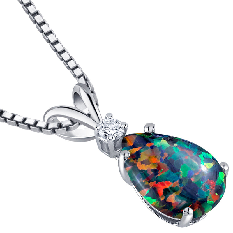 Black Opal and Diamond Pendant Necklace 14K White Gold 1 Carat Pear Shape