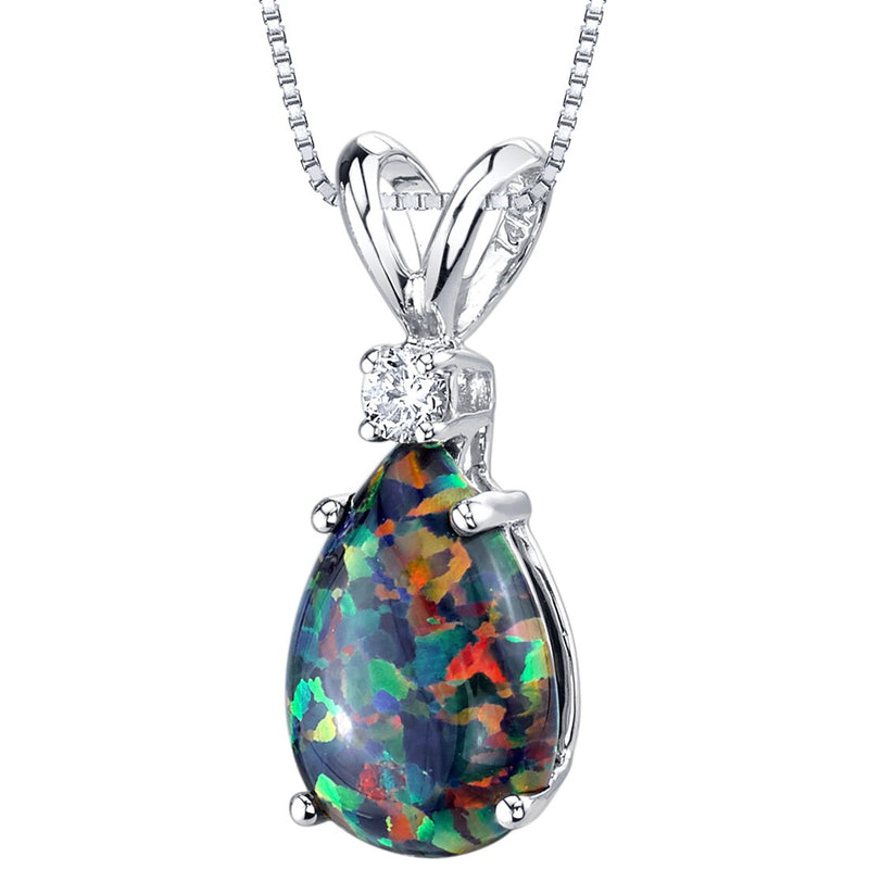 Black Opal and Diamond Pendant Necklace 14K White Gold 1 Carat Pear Shape