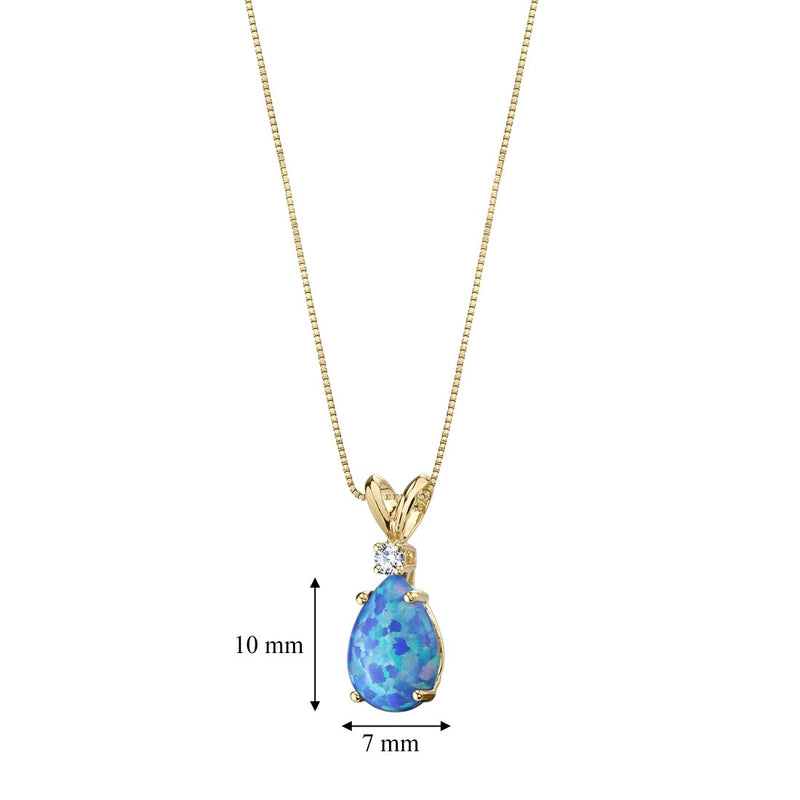 Blue Opal and Diamond Pendant Necklace 14K Yellow Gold 1 Carat Pear Shape