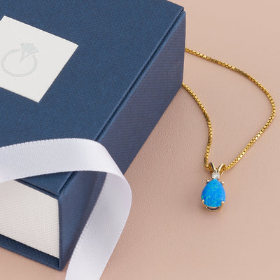 Blue Opal and Diamond Pendant Necklace 14K Yellow Gold 1 Carat Pear Shape