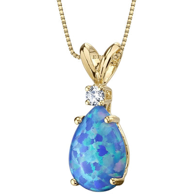 Blue Opal and Diamond Pendant Necklace 14K Yellow Gold 1 Carat Pear Shape