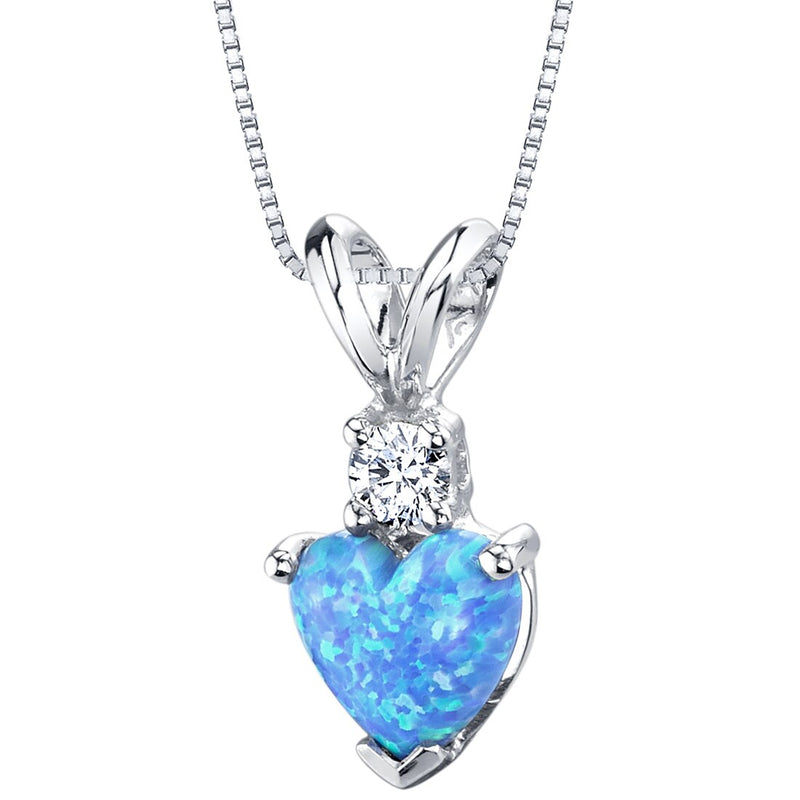 14 Karat White Gold Heart Shape Created Blue Opal Diamond Pendant P9860