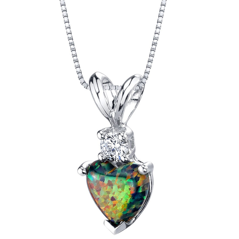 Black Opal and Diamond Pendant Necklace 14K White Gold 0.50 Carat Heart Shape