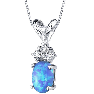 Blue Opal and Diamond Pendant Necklace 14K White Gold 0.50 Carat Oval