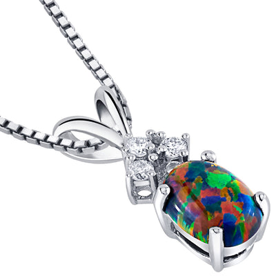 Black Opal and Diamond Pendant Necklace 14K White Gold 0.50 Carat Oval