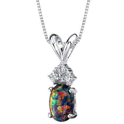 Black Opal and Diamond Pendant Necklace 14K White Gold 0.50 Carat Oval