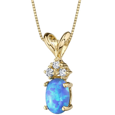 Blue Opal and Diamond Pendant Necklace 14K Yellow Gold 0.50 Carat Oval