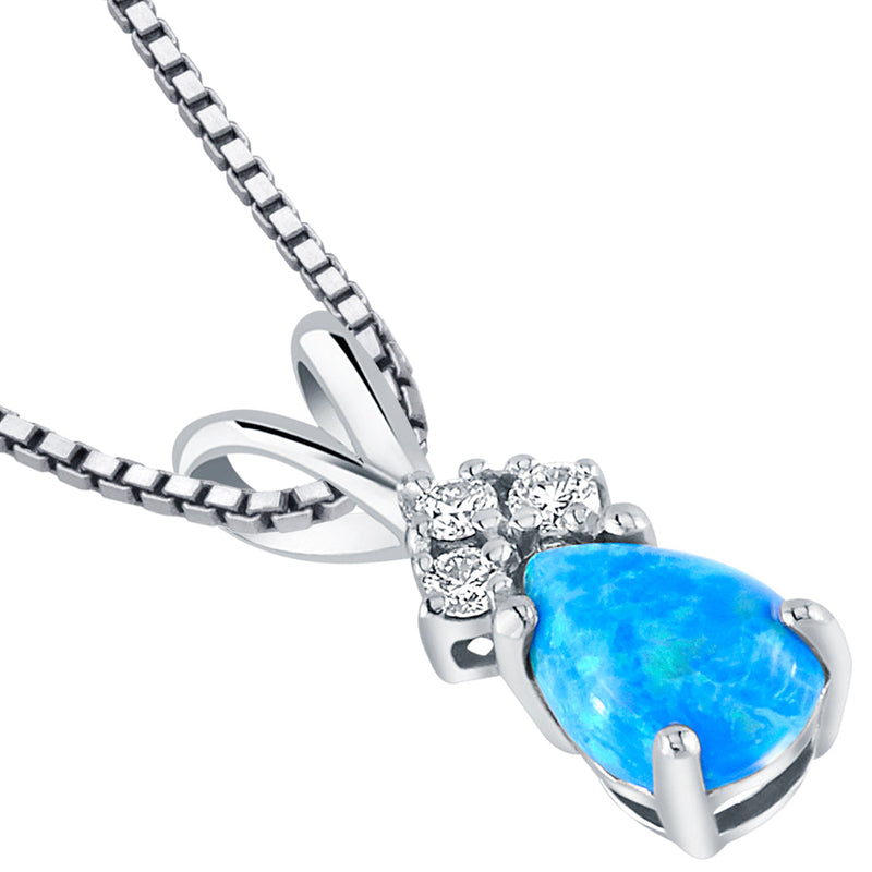 Blue Opal and Diamond Pendant Necklace 14K White Gold 0.50 Carat Pear Shape