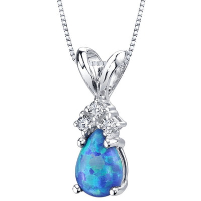 Blue Opal and Diamond Pendant Necklace 14K White Gold 0.50 Carat Pear Shape