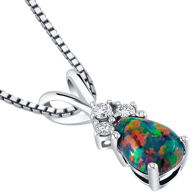 Black Opal and Diamond Pendant Necklace 14K White Gold 0.50 Carat Pear Shape