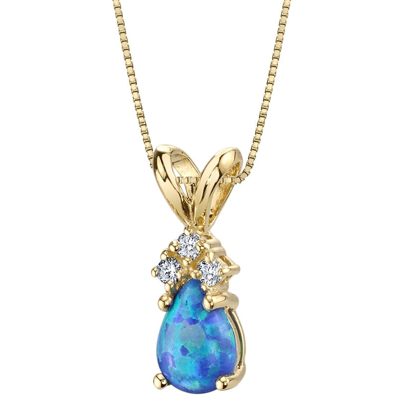 Blue Opal and Diamond Pendant Necklace 14K Yellow Gold 0.50 Carat Pear Shape