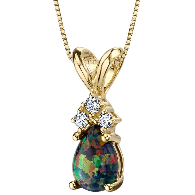 Black Opal and Diamond Pendant Necklace 14K Yellow Gold 0.50 Carat Pear Shape