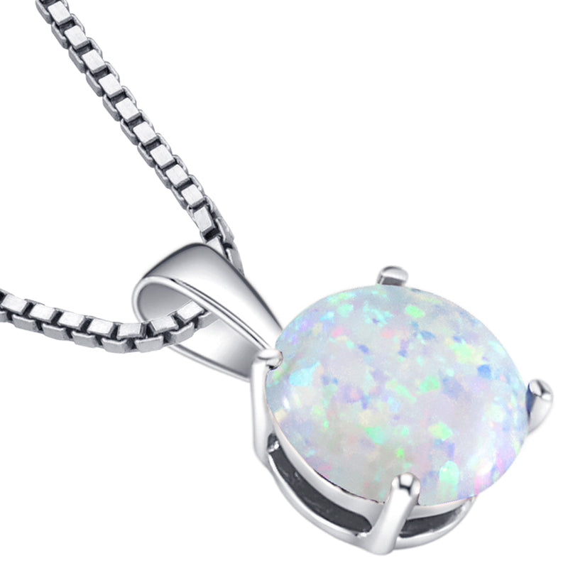 14K White Gold Created Opal Solitaire Pendant Necklace Round Shape