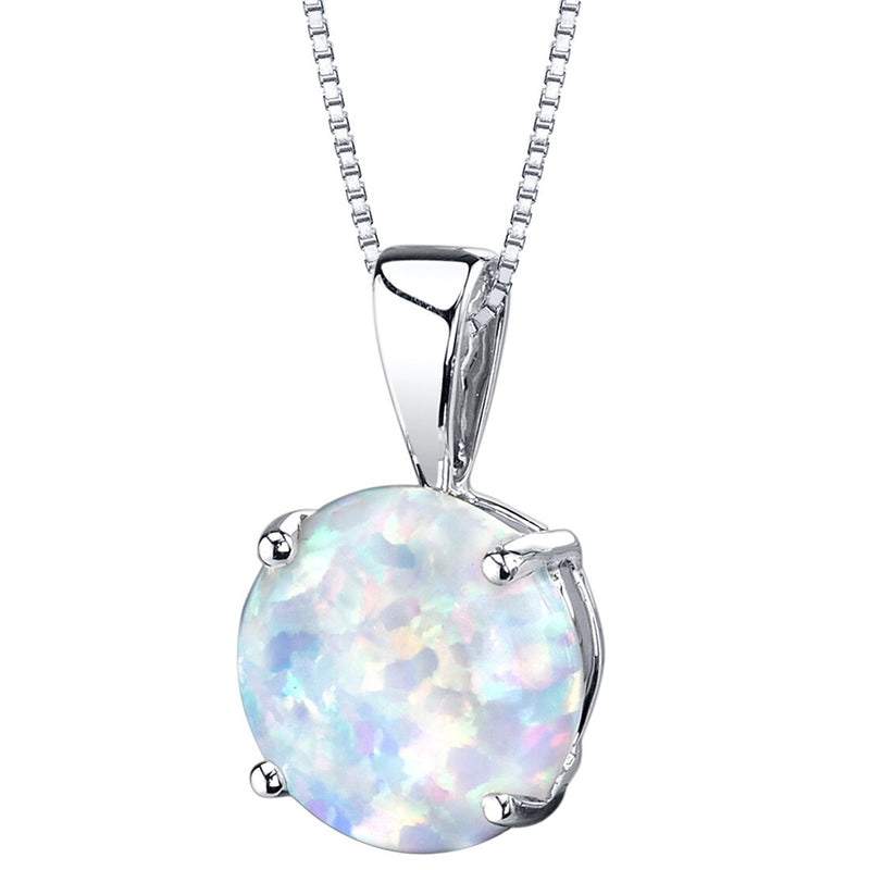 14K White Gold Created Opal Solitaire Pendant Necklace Round Shape