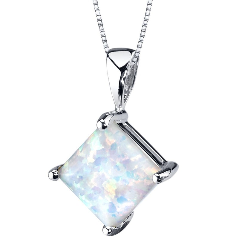 14K White Gold Created Opal Pendant Necklace Princess Cut