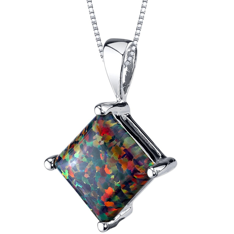 14K White Gold Created Black Opal Pendant Necklace Princess Cut