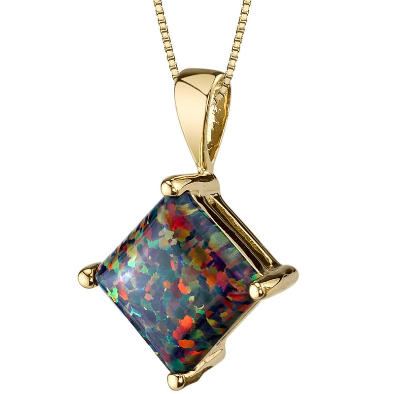 14K Yellow Gold Created Black Opal Pendant Necklace Princess Cut