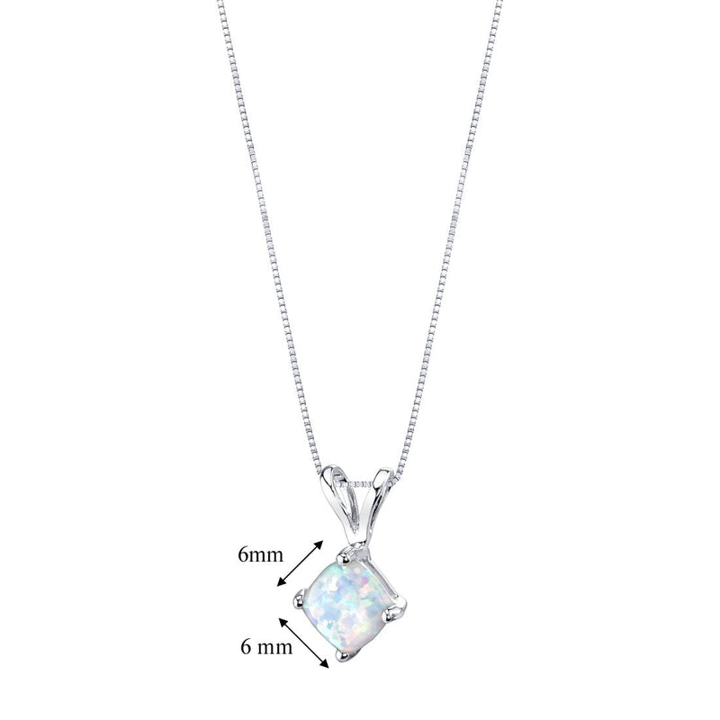 14K White Gold Created Opal Pendant Necklace Cushion Cut