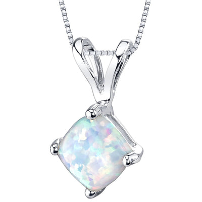 14K White Gold Created Opal Pendant Necklace Cushion Cut