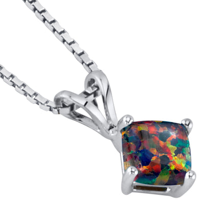 14K White Gold Created Black Opal Pendant Necklace Cushion Cut