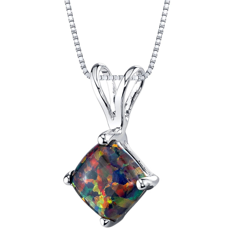 14K White Gold Created Black Opal Pendant Necklace Cushion Cut