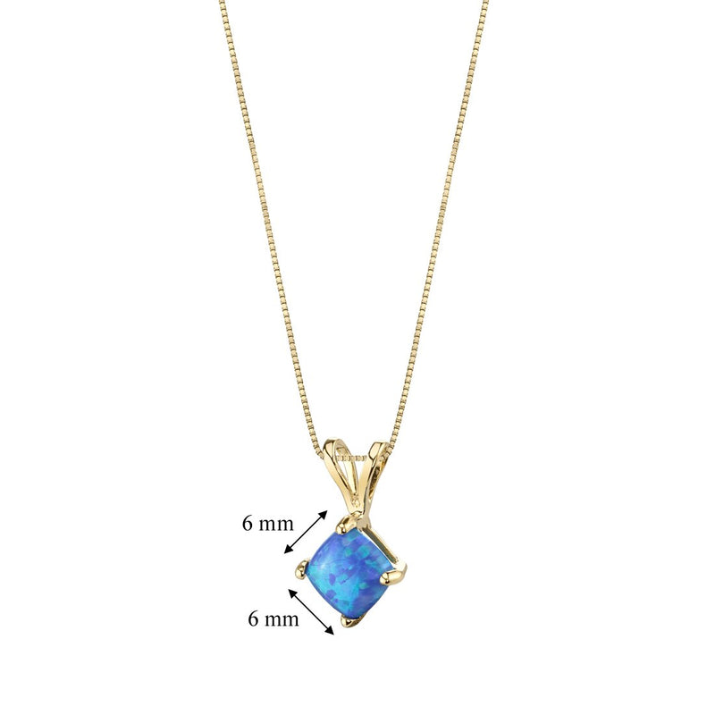 14K Yellow Gold Created Blue Opal Pendant Necklace Cushion Cut