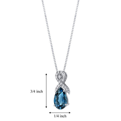 London Blue Topaz 14K White Gold Pear-Shaped Ribbon Pendant Necklace 3 Carats