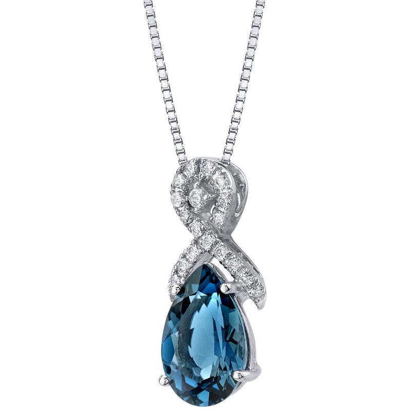 London Blue Topaz 14K White Gold Pear-Shaped Ribbon Pendant Necklace 3 Carats