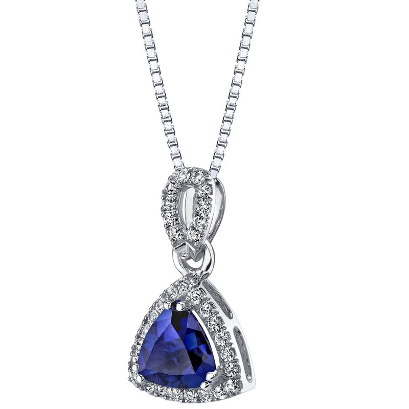 Created Blue Sapphire Halo Pendant Necklace in 14k White Gold 2.50 Carats Trillion-Cut