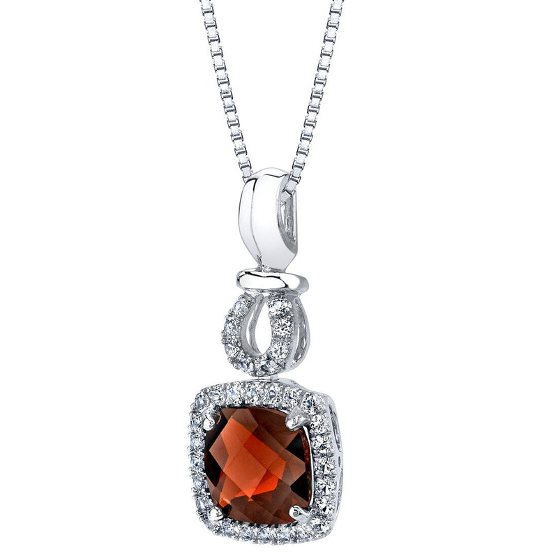 Garnet Halo Drop Pendant Necklace in 14K White Gold 2.50 Carats Cushion Cut