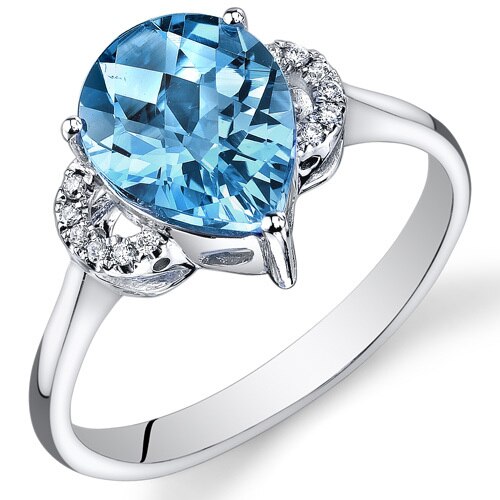 Swiss Blue Topaz Ring 14 Karat White Gold Pear Shape 2.25 Carat