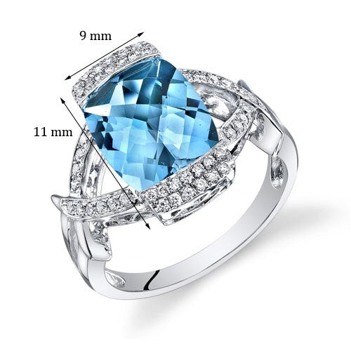 Swiss Blue Topaz Ring 14 Karat White Gold Cushion Shape 4 Carat