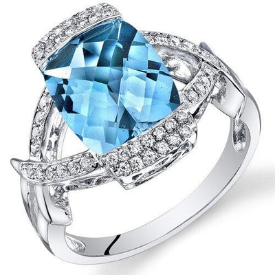 Swiss Blue Topaz Ring 14 Karat White Gold Cushion Shape 4 Carat