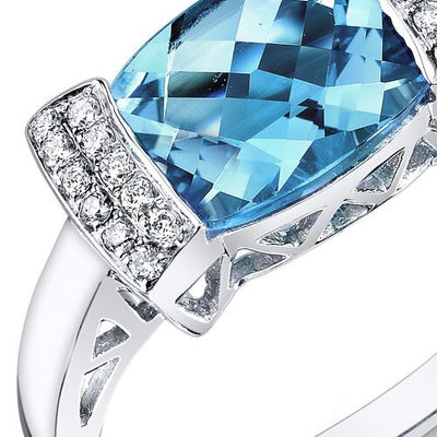 Swiss Blue Topaz Ring 14 Kt White Gold Cushion Shape 2.25 Cts