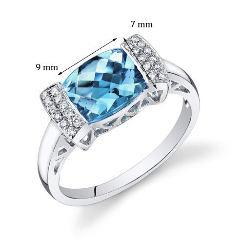 Swiss Blue Topaz Ring 14 Kt White Gold Cushion Shape 2.25 Cts