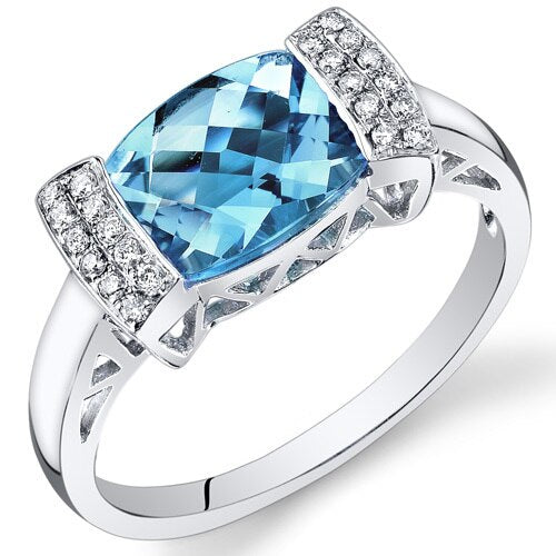 Swiss Blue Topaz Ring 14 Kt White Gold Cushion Shape 2.25 Cts