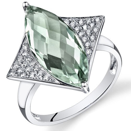 Green Amethyst Ring 14 Karat White Gold Marquise Shape 4.2 Cts