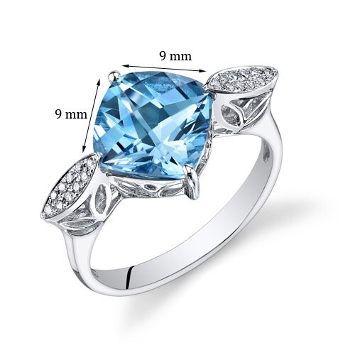 Swiss Blue Topaz Ring 14 Karat White Gold Cushion Shape 3.5 Cts