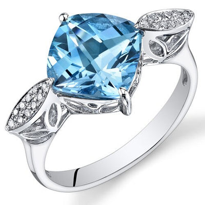 Swiss Blue Topaz Ring 14 Karat White Gold Cushion Shape 3.5 Cts