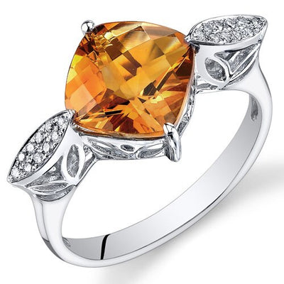 Citrine Ring 14 Karat White Gold Cushion Shape 2.5 Carats