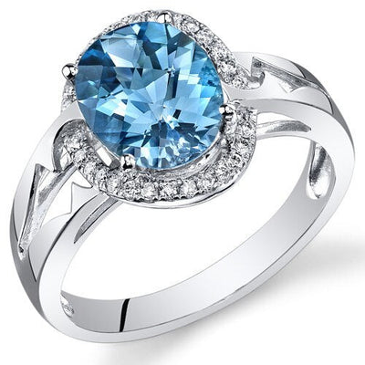 Swiss Blue Topaz Ring 14 Karat White Gold Oval Shape 2.5 Carats