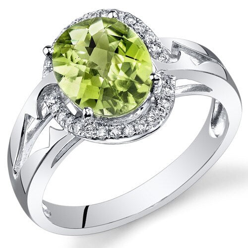 Peridot Ring 14 Karat White Gold Oval Shape 2 Carats