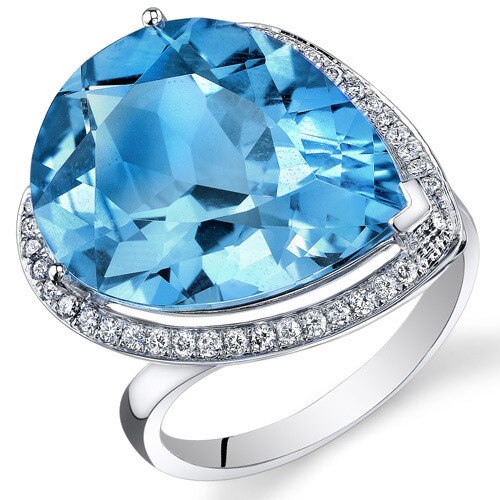 Swiss Blue Topaz Ring 14 Karat White Gold Pear Shape 18 Carats